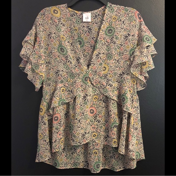 CAbi Tops - CAbi Floral V-Neck Ruffle Sleeve Blouse in Green, Yellow, Pink, Cream